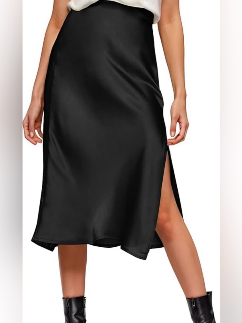 H&M Black Satin Midi Slip Skirt with Side Slit